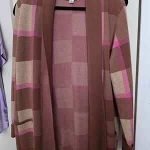 Open-Front Plaid Cardigan Sweater in Brown and Pink